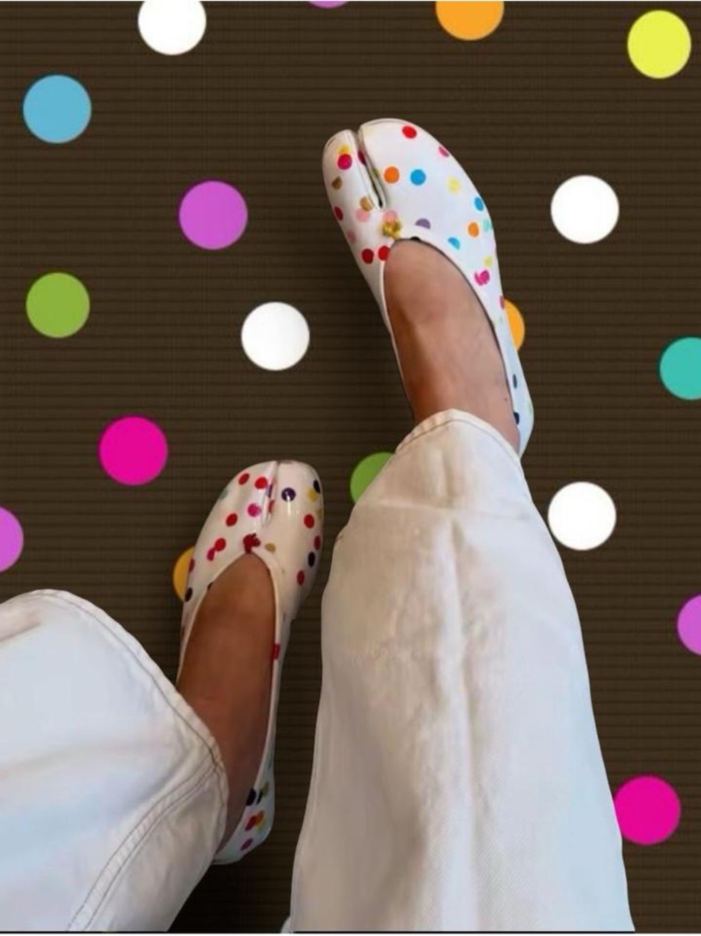 Maison Martin Margiela White Split-Toe Ballet Flats with Multicolor Polka Dots